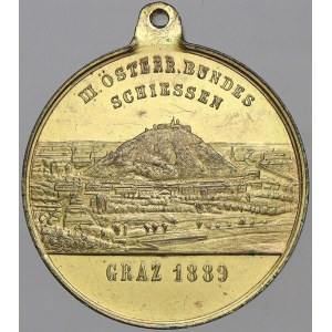 evropské medaile. Rakousko. III. Rakouské spolkové střelby Graz 1889. Bronz zlac. 34 mm, pův. ouško