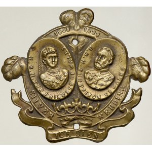 zahraniční odznaky – Velká Británie. Přišívací odznak se znakem prince a princezny z Walesu na stříbrnou svatbu 1888.