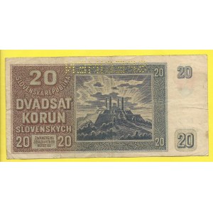 Slovensko 1939 – 1945. 20 Ks 1939, s. Fe60. H-47a2S1. perf. SPECIMEN. natrž. 2mm