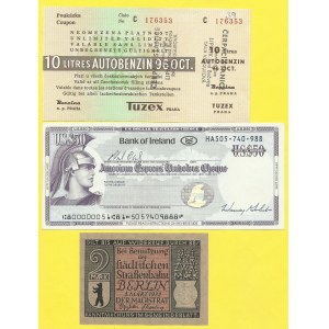Tuzexové poukázky. Tuzex 10 litrů autobenzín, Bank of Ireland šek na 50 USD, Berlin 2 M 1922