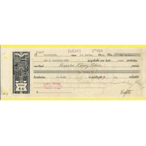 Ostatní tisky. Směnka s kolkem 4 Kč vzor 1928, Prostějov 1936, rub razítka bankovních ústavů