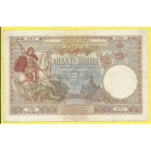 Jugoslávie. 1000 dinara 1920, s. C402. Barac-Y24. opravená natržení