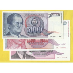Jugoslávie. 500 dinara 1985, 1.000.000.000 dinara 1993, 10.000.000.000 dinara 1993, vše s. ZA.Pick-93ar, 126r, 127r