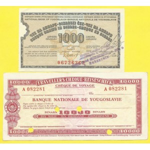 Jugoslávie. Národní banka šek na 1000 dinarů 1.1.1983, cestovní šek na 10.000 dinarů b.d.