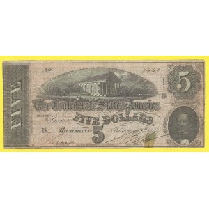 Amerika. Konfederace amerických států. Richmond. 5 dollar 17.2.1864. Pick-67. opravené natržení, špendlíkové dírky