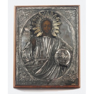 Złotnik Fridrich Christian KECHLI (czynny 18774-1908), Ikona - Chrystus Pantokrator, w okładzie srebrnym