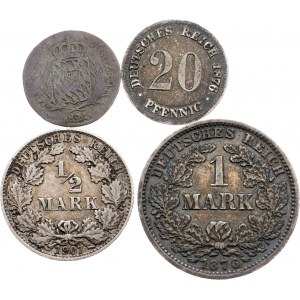 Germany, 1 Kreuzer, 20 Pfennig, 1/2 Mark, 1 Mark 1821, 1876, 1907, 1876