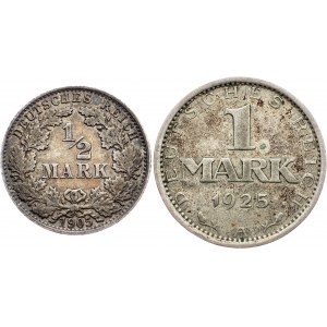 Germany, 1/2 Mark, 1 mark 1905, 1925, E, A