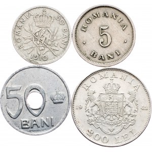 Romania, 5 Bani, 50 Bani, 50 Bani, 200 Lei 1900, 1910, 1921, 1942
