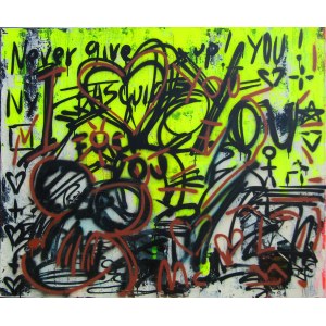 Petro Brunetti, New Yorker Zusammensetzung Nr. 4786, Graffiti in Brooklyn. Genießen Sie Ihr Leben und seien Sie glücklich mit Petro Brunetti, 2022.