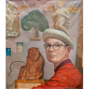 Marian KONARSKI (1909 - 1998), Autoportret w pracowni na tle rzeźb, 1974