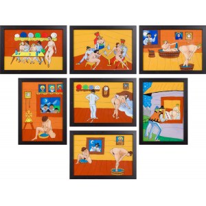 Set of seven paintings on glass with erotic themes - work of a folk artist