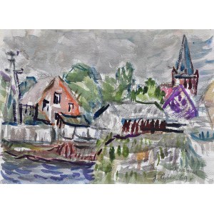 Jan CYBIS (1897-1972), Bay in Kuznica. Houses and bell tower, 1969