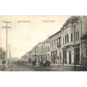 1909 Balassagyarmat, Fő utca, Barth Ignácné üzlete, lovaskocsi, rendőr