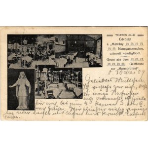 1909 Budapest I. Üdvözlet a Márvány menyasszonyhoz címzett vendéglőből, étterem belső, kert vendégekkel (EK...