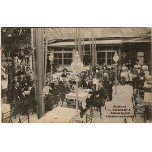 1916 Budapest I. Tabán, Schreil Győző Albecker vendéglője, étterem, kert vendégekkel, pincérekkel és zenekarral...