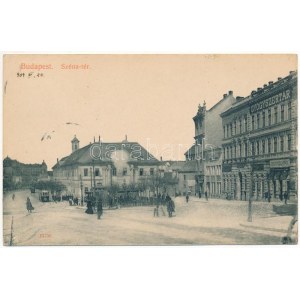 1909 Budapest II. Széna tér, Régi Szent János kórház, gyógyszertár, villamos, Mauthner üzlete. Taussig A. 10736. (r...