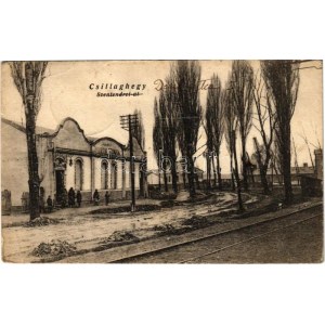 1924 Budapest III. Csillaghegy, Szentendrei út a villamossínnel, Mozgószínház, mozi, dohányáruda üzlete (EB...