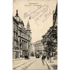 1915 Budapest V. Egyetem tér, villamos, kerékpáros, Blazek Adolf műköszörűs...