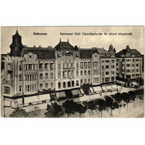 1913 Debrecen, Takarékpénztár és városi bérpaloták, üzletek. Thaisz Arthur kiadása (EK)