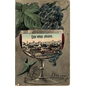 1908 Eger, látkép. Szecessziós montázs szőlővel és borospohárral, Art Nouveau (EK)