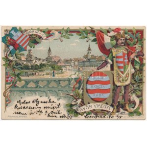 1901 Győr. Győr vármegye Duna-Rábca-Rába címere és magyar zászló. Athenaeum Rt. kőnyomdája, Art Nouveau, floral...