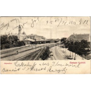 1905 Győr, pályaudvar, vasútállomás, vonatok. Berecz Viktor kiadása (fl)