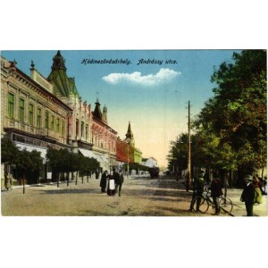 Hódmezővásárhely, Andrássy utca, Keleti Adolf üzlete, kerékpáros