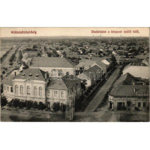 1909 Hódmezővásárhely, Madártávlat a Központi szálloda, sörcsarnok és étterem felől, zsinagóga, Schillinger üzlete...