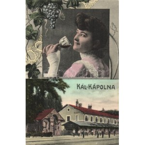 Kál-Kápolna, Vasútállomás. Hölgy boros pohárral, szőlőfürtös montázslap / railway station. Lady with a glass of wine...