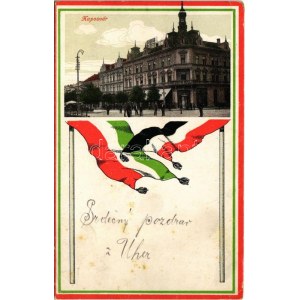 1918 Kaposvár, Erzsébet szálloda, piac. Szecessziós magyar és német birodalmi zászlóval, Art Nouveau...