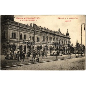 1911 Kecskemét, Rákóczi út, Leszámítoló Bank, piac árusokkal, Fekete Zsigmond és Szigeti Lipót üzlete...
