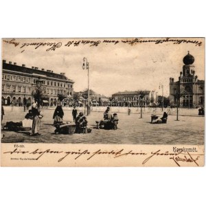 1904 Kecskemét, Fő tér, piac árusokkal, zsinagóga, üzletek. Komor Gyula kiadása