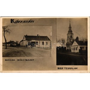 1934 Kötegyán (Békés), Református templom, Hangya szövetkezet üzlete és saját kiadása, automobil (fl...