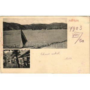 1903 Ada Kaleh, Duna part, vitorlás, török bazár / Danube riverside, sailing boat, Turkish bazaar shop (Rb...