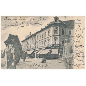 1903 Arad, Andrássy tér, Reinhart Fülöp üzlete, Bloch H. nyomdája és saját kiadása. Montázs katonatiszttel és hölggyel ...