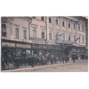 1918 Arad, Atzél Péter utca, Wallfisch Ármin, Husserl M. és Ifj. Klein Mór üzletei, Aradi Ipar és Népbank...