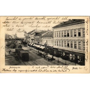 1905 Arad, Andrássy tér, Schäffer Henrik, Róth testvérek, Andrényi Károly és fiai üzlete, városi vasút, kisvasút, vonat...
