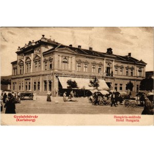 1908 Gyulafehérvár, Karlsburg, Alba Iulia; Hungária szálloda, piac. Schäser Ferenc kiadása / hotel, market (EK...