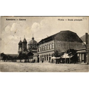 1914 Kákófalva, Cacova, Gradinari; Fő utca, Román ortodox templom, vendéglő, étterem, üzlet / main street...