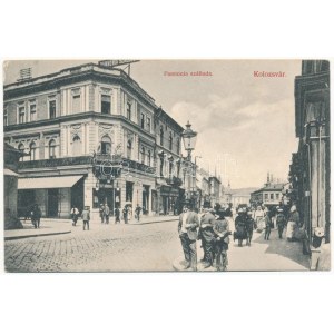 Kolozsvár, Cluj; Pannonia szálloda, étterem, bor és sörcsarnok, utcasarok, üzletek. Schuster Emil 108-1909. / hotel...