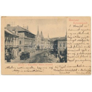 1900 Kolozsvár, Cluj; Wesselényi utca, városi vasút, kisvasút, vonat, ifj. Pere festékkereskedése...