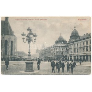 1907 Kolozsvár, Cluj; Mátyás király tér, újságárus kisfiú. Schuster Emil kiadása / square, newspaper boy (EK...