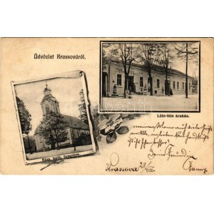 1909 Krassóvár, Krassova, Carasova; római katolikus templom, Löbl Sámuel áruház üzlete. Djakovits J. utóda kiadása ...