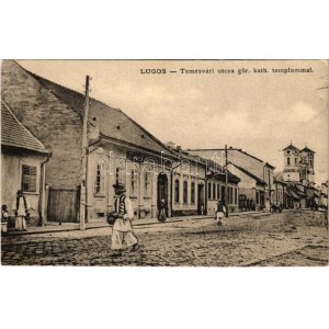 1910 Lugos, Lugoj; Temesvári utca, görögkatolikus templom, üzlet / street, Greek Catholic church...