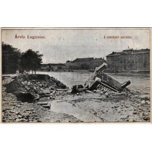 Lugos, Lugoj; árvíz pusztítása, a vasbetonhíd martalékai / flood, ruins of the bridge