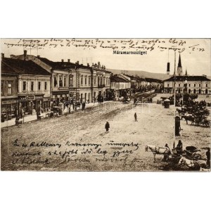 1917 Máramarossziget, Sighetu Marmatiei; Fő tér, Taubes Lázár és fia, Klein és társa divatáruház üzlete, piac...