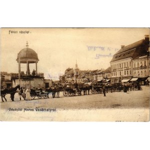 1905 Marosvásárhely, Targu Mures; Fő tér, Bodor kút, lovashintók, Adi Árpád könyvnyomda, Reichardsperg J...