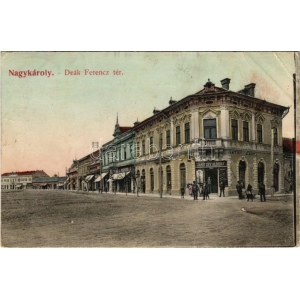 1909 Nagykároly, Carei; Deák Ferenc tér, Janitzky Albert üzlete. Csókás László kiadása / square, shops (EK...