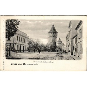 1910 Nagyszeben, Hermannstadt, Sibiu; Harteneck utca és torony, színház. G.A. Seraphin, Jos. Drotleff / Harteneckgasse ...